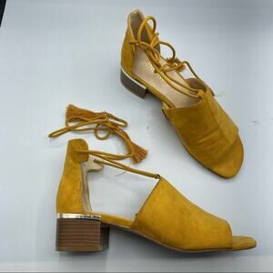 Nine West Yellow Faux Leather Peep Toe Strappy Ankle Wrap Sandals Womens 6